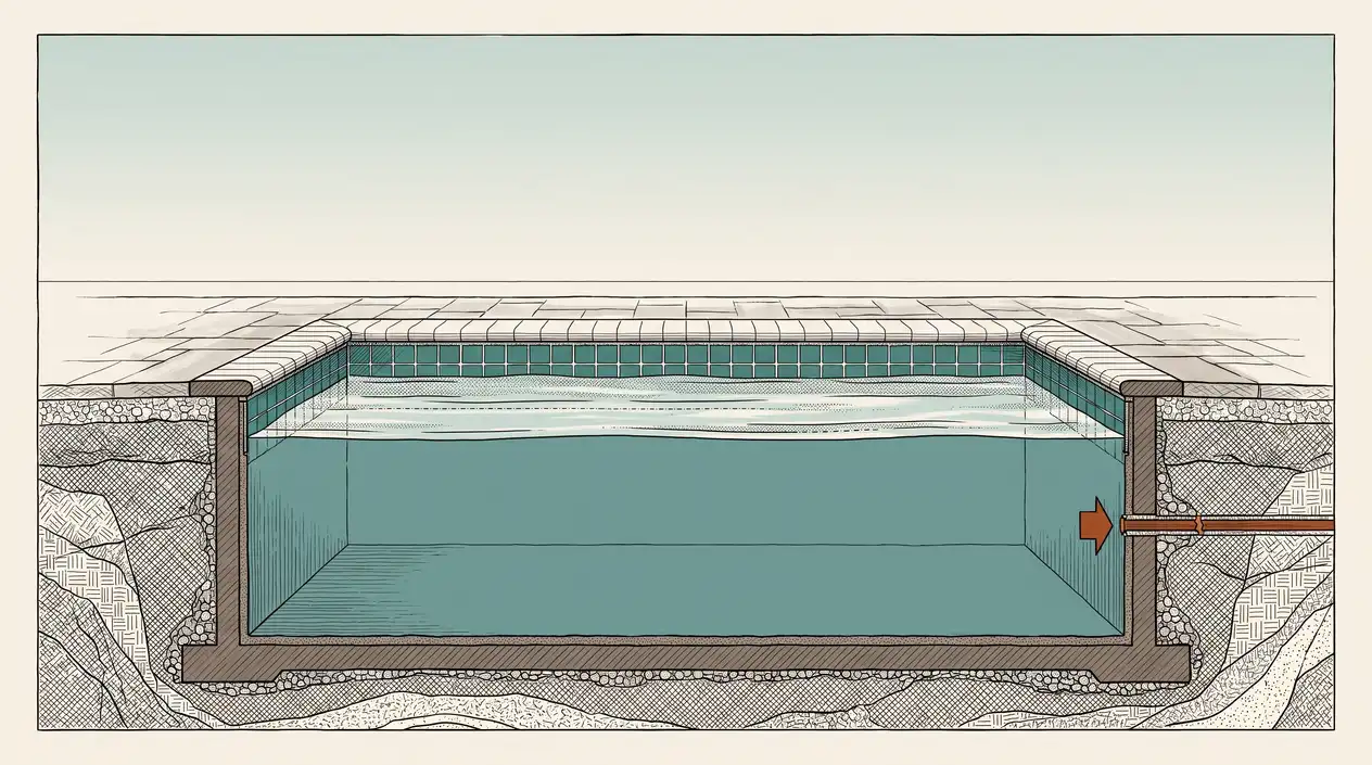 Line-art illustration of a residential pool cross section, showing the coping edge, a turquoise waterline tile course and the deck under open sky